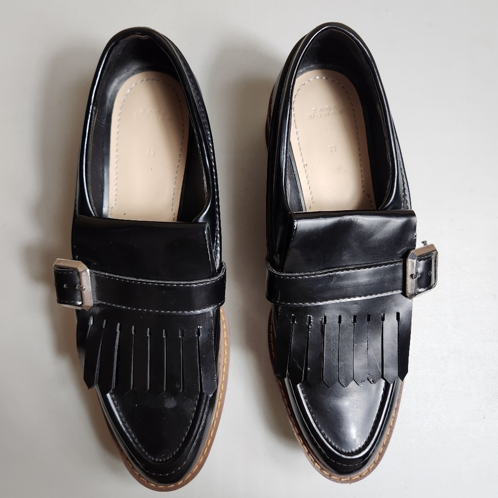 Zara Woman |EU38/US7.5| Black Patent Leather Platform Kilt Chunky Loafers - Picture 4 of 11